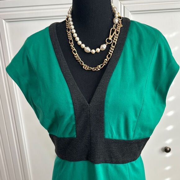 Narciso Rodriguez Green and Black Sheath Dress with Dolman Cap Sleeves - Picture 3 of 7